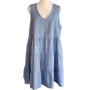 Mudpie Sleeveless Summer Tiered Chambray V Neck Babydoll Dress Sz M